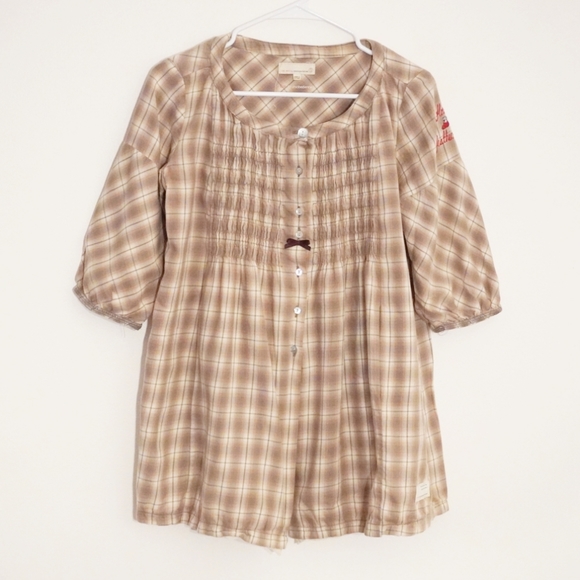 Odd Molly Tops - ODD MOLLY/ANTHROPOLOGIE Pink Plaid Smocked Shirt